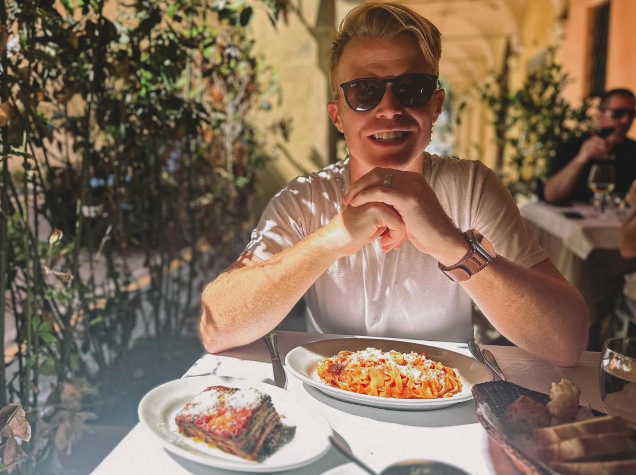 Chris with the vegetarian Bolognese
